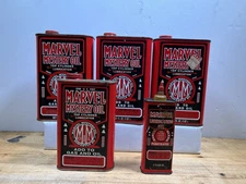 Lot of Five Marvel Mystery Oil & Marvel Lubricating Oil Tin Cans - 32, 16 & 4 oz