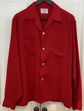 VINTAGE 1950s TRUVAL TRU-GAB RED RAYON GABARDINE LOOP COLLAR SPORT SHIRT LARGE