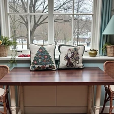 Pair (2) of 8" Santa and Tree Throw Pillow Christmas Holiday Woven Tapestry