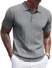 Mens Knit Polo Shirts Short Sleeve Ribbed Textured Polo Shirt