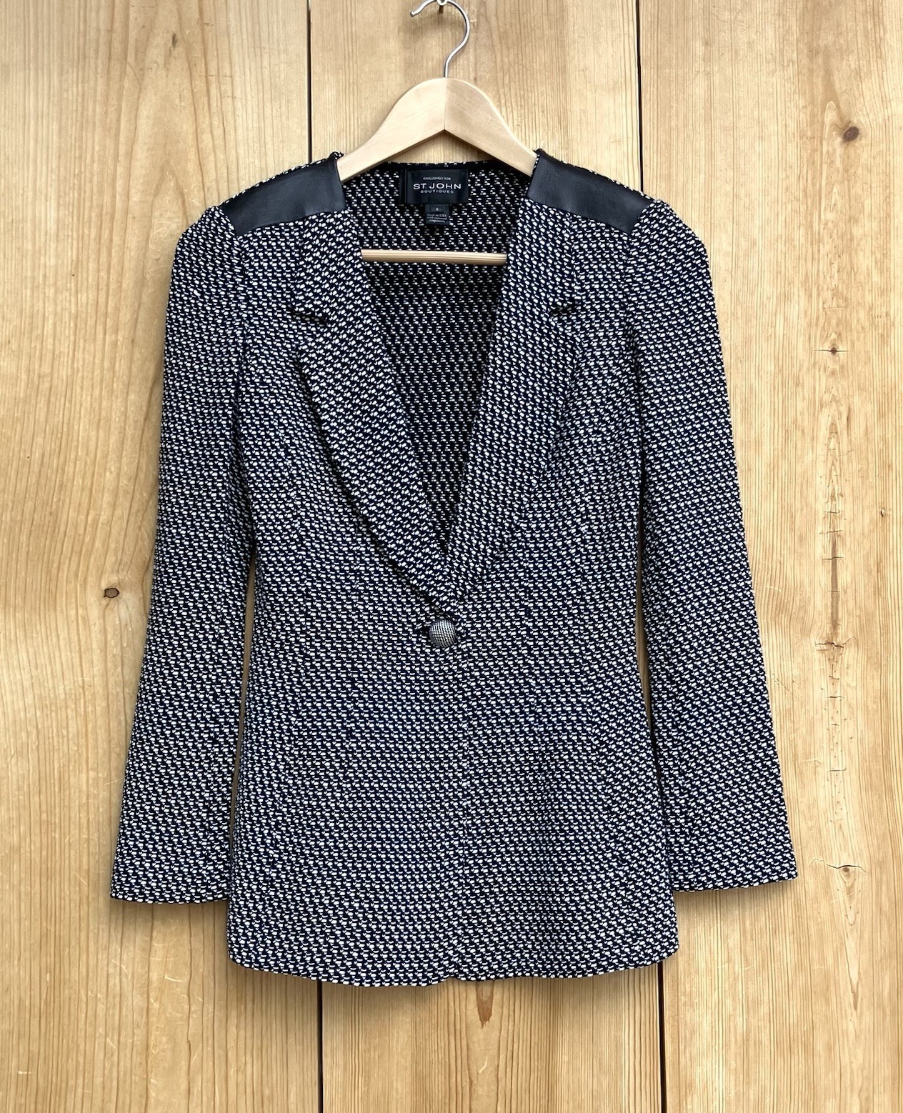 St. John EUC Wool Knit Blazer Leather Detail Sz 0