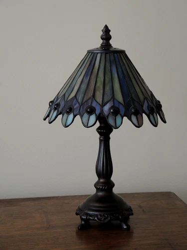Vintage Meyda Tiffany Stained Glass Jeweled Peacock Table Lamp