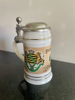 Bierkrug Bierseidel Wappen Freistaat Sachsen, Zinndeckel,Freiberger Porzellan 