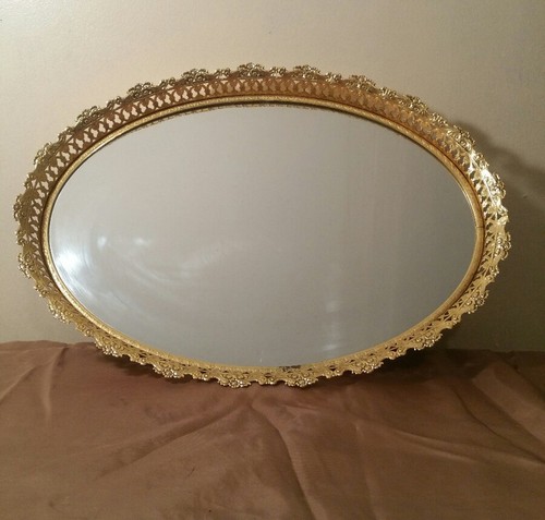 Oval 17" Mirrored Vanity Tray Brass Openwork Scrolls,Latticework & Cornucopias - Picture 3 of 10