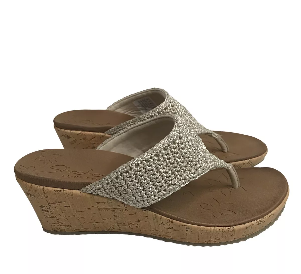Skechers Beverlee Fancy Work Natural Crochet Beige Thong Sandals