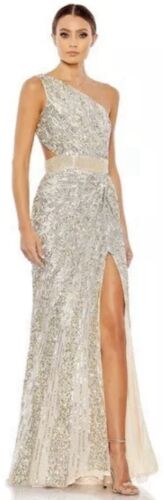 Mac Duggal NWT Nude Silver Sequin Long Open Back Dress Style 5687 Sz 12 - Picture 6 of 9
