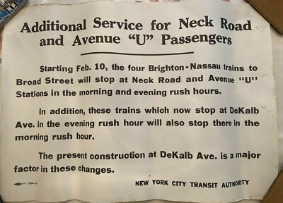 NY Subway Notice of  Additional Service For Neck Road & Avenue U Passengers 1958