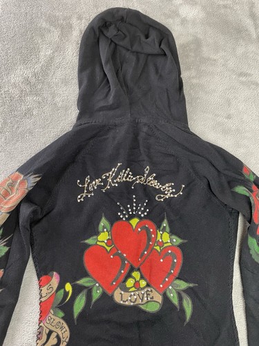 ED HARDY M Black Long Sleeve Love Kills Slowly Studded Hooded Sweater Blouse rip - Picture 21 of 23