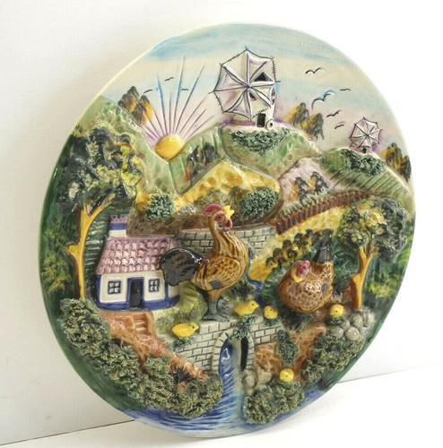 Vintage 14" 3D Keramik Dorf Plakette Hahn Huhn Spanien Kunstwerk Teller schön - Bild 3 von 6