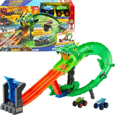 Hot Wheels Monster Trucks Sharks vs. Dinos Dragon Destruction Playset and 2