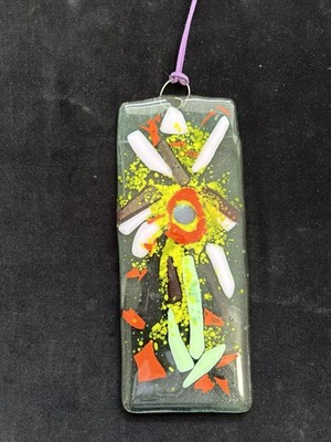 Flower Garden  Fused Art Glass  Hanging Plaque  9 x 3.5 Translucent Green