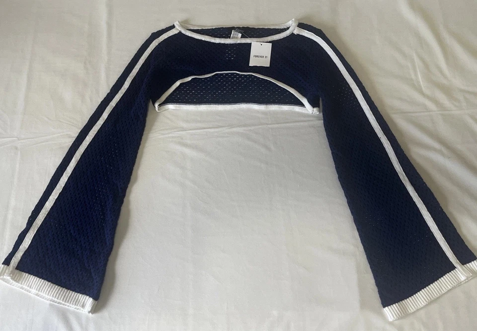 Forever21 Mujer Azul Marino Crochet Malla Hueca Recortada Tejido Manga Larga Campana M Foto 4 de 4