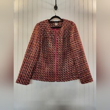 Chico Women's Pink Multicolor Pop Geometric Tweed Blazer Size 2 12 Artsy Boho