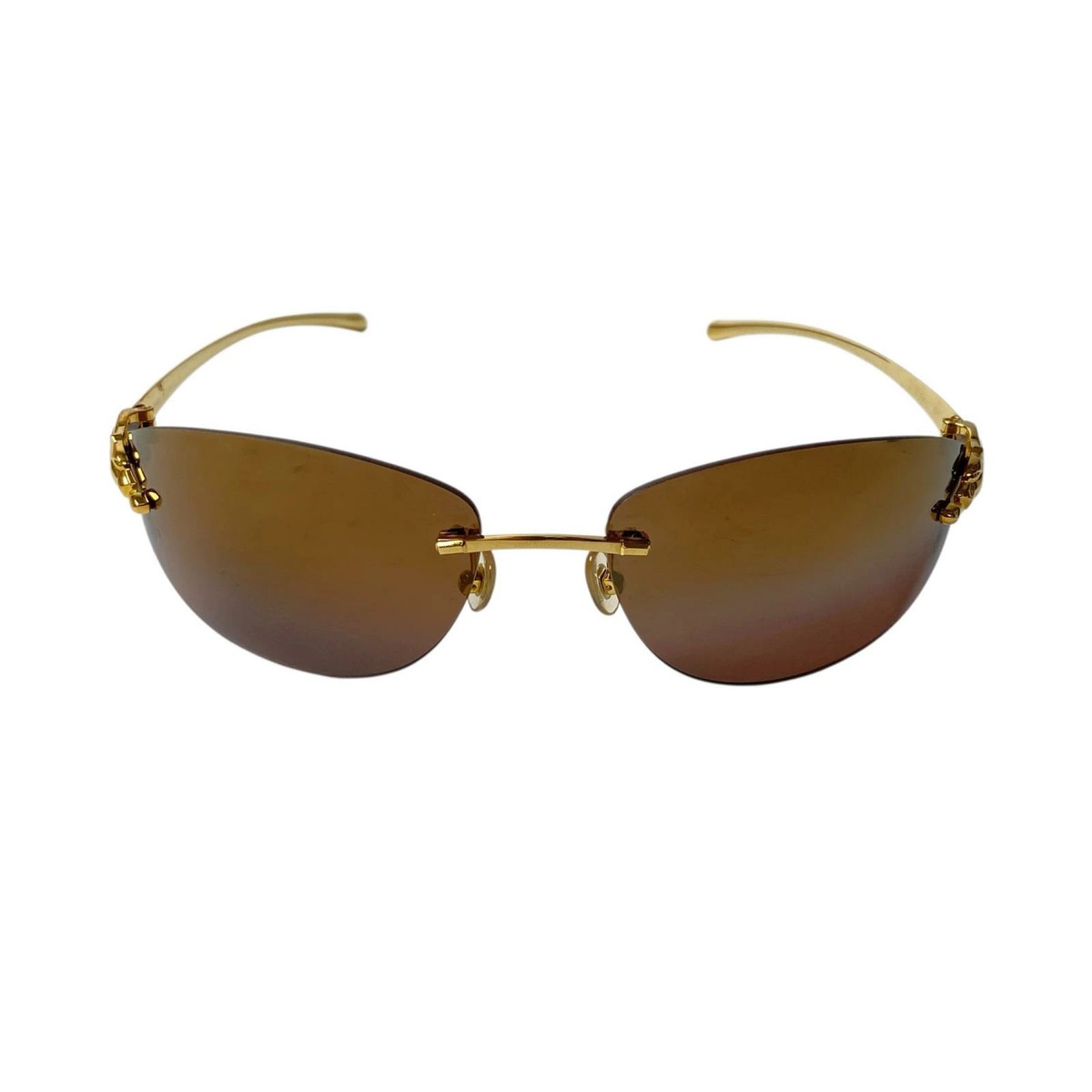 Cartier サングラス ゴールド ブラウン 難あり Cartier Panthère Rimless Sunglasses Brown x Gold Women Front Width