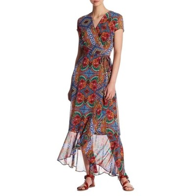 Just Taylor Womens Bohemian Floral Tile Print High Low Faux Wrap Maxi Dress 4