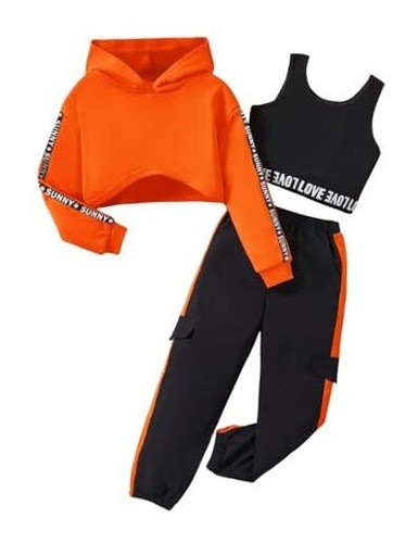 Girl's 3 Piece Outfits Letter Print Workout Hooded Crop Tank and 11-12Y Orange