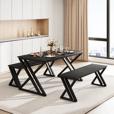 3pcs Dining Table Set ,Modern Kitchen Table and Benches ,Metal Frame Dinette Set