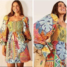 Farm Rio Colorful Patterned Long Sleeve Smocked Dress Size M