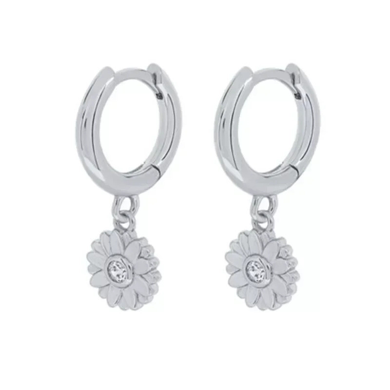 Crystal Flower Hoop Earrings in 925 Sterling Silver Minimalist Style