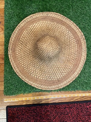 Vintage Hand Woven Sun Hat - 20” Rattan Conical Coolie Summer 