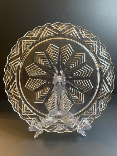 Vintage Federal Glass Snowflake Star Chevron Cake Plate Scalloped Edge