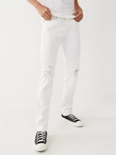 True Religion Men's Geno Renegade Distressed Ripped Relaxed Slim Fit White Jeans