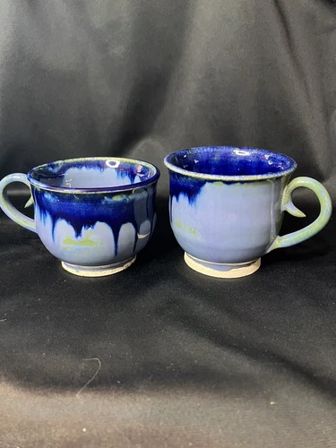 Set Of 2 Cobalt Blue Drip Glaze Hand Thrown Pottery Cups Art Studio Artist Sign
