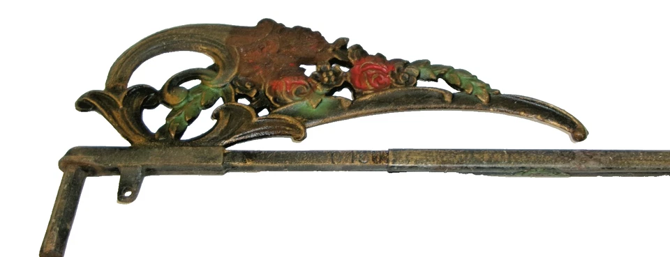 Antique Cast Iron Swing Arm Curtain Rods 2 Pair Extendable Red Floral - Image 4 of 4