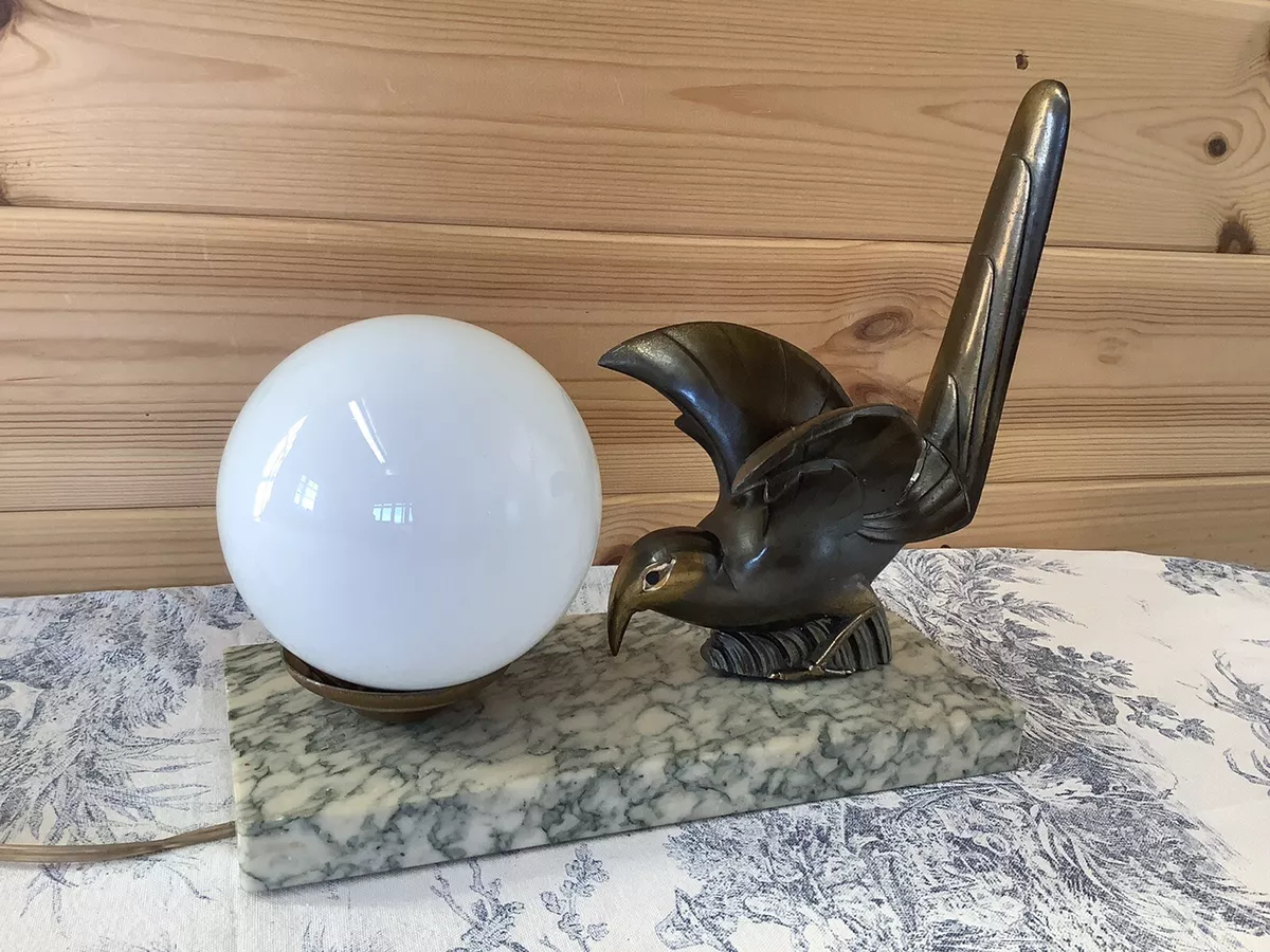 French Art Deco Marble Base Desk Table Lamp Light Bird