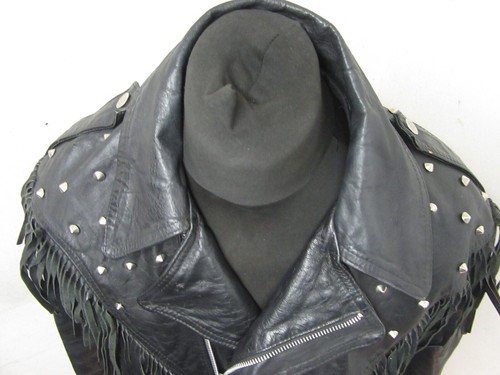 VINTAGE 80'S LA ROCKA LEATHER FRINGED MOTORCYCLE JACKET SIZE UKM, TASSELS, STUDS - Picture 2 of 17