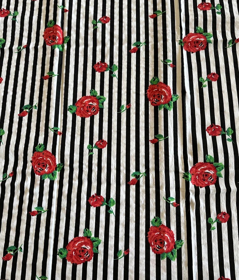 Vtg Cotton Floral Fabric W42”xL1.2Yds Red Roses Vertical Black Stripes on White - Image 3 of 4