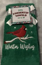 2 Embroidered Holiday Christmas Green Red Cardinals Terry Fingertip Towels