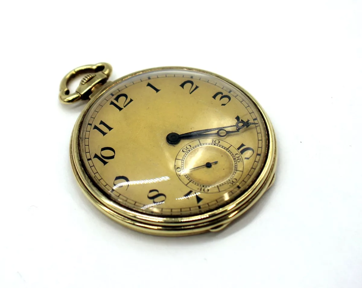 Vintage Crest Arrow 14K Yellow Gold Wind Up Pocket Watch W IWC Movement 45mm