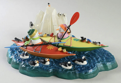 Lenox Bywaters Kayaking with Friends Snowman Figurine Lighted Penguins NEW $340