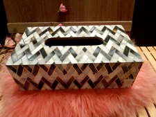Duli Handmade Mother of Pearl , Chevron Rectangle Tissue Box Cover  B&W New