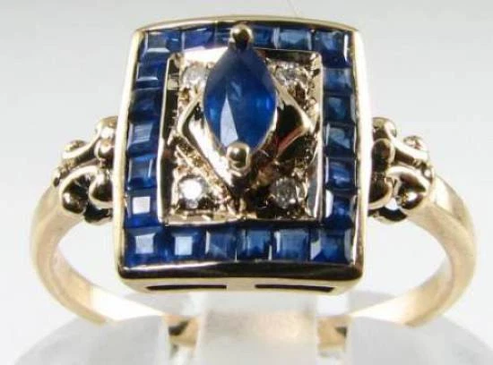 9K 9CT GOLD BLUE SAPPHIRE DIAMOND CLUSTER ART DECO INS RING FREE RESIZE - Image 1 of 4