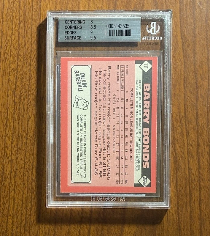 1986 Topps Traded Tiffany #11T Barry Bonds Rookie BGS 8.5 NM-MT+ Pirates RC - Image 2 of 2