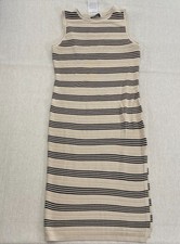 PrettyGarden Bodycon Dress Womens L Beige Black Striped Knit Sleeveless Midi NWT