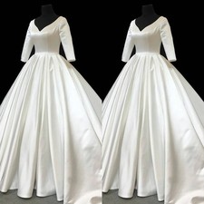 Classic Wedding Dresses V Neck Half Sleeve Satin White Ivory A Line Bridal Gowns