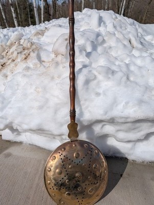 WI Barn Antique Victorian Copper/Brass Bed Warmer Star Patterned Wood Handle