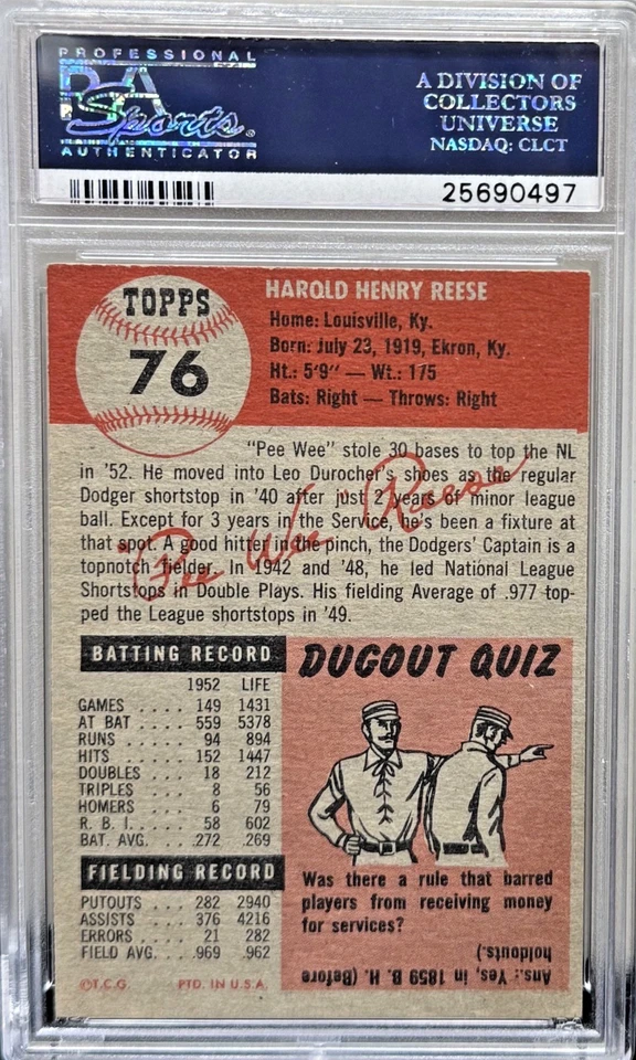 1953 Topps #76 Pee Wee Reese Brooklyn Dodgers PSA 5 - Image 2 of 2