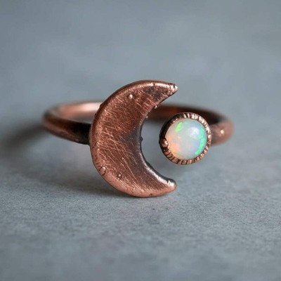 Crescent Moon Opal Ring   Handcrafted Copper Talisman For Emotional Balance