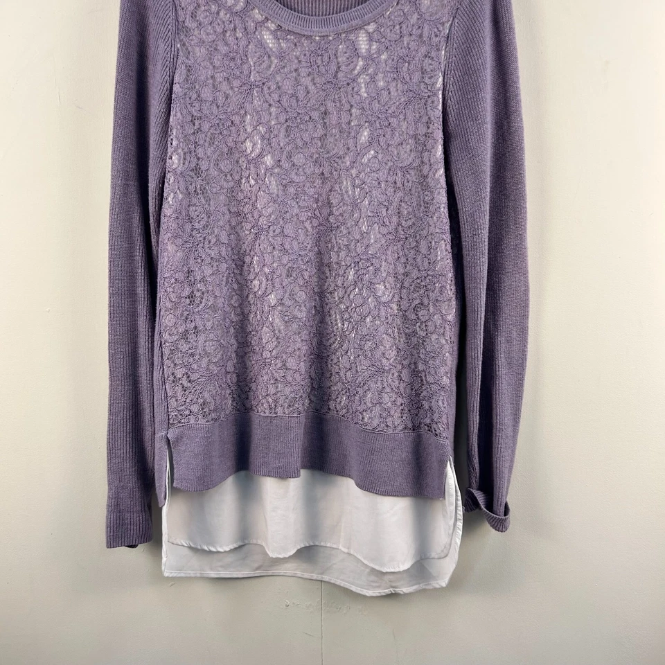 Suéter Simply Vera Wang XS para mujer púrpura blanco encaje en capas L/S Pullover 16992 Foto 2 de 4