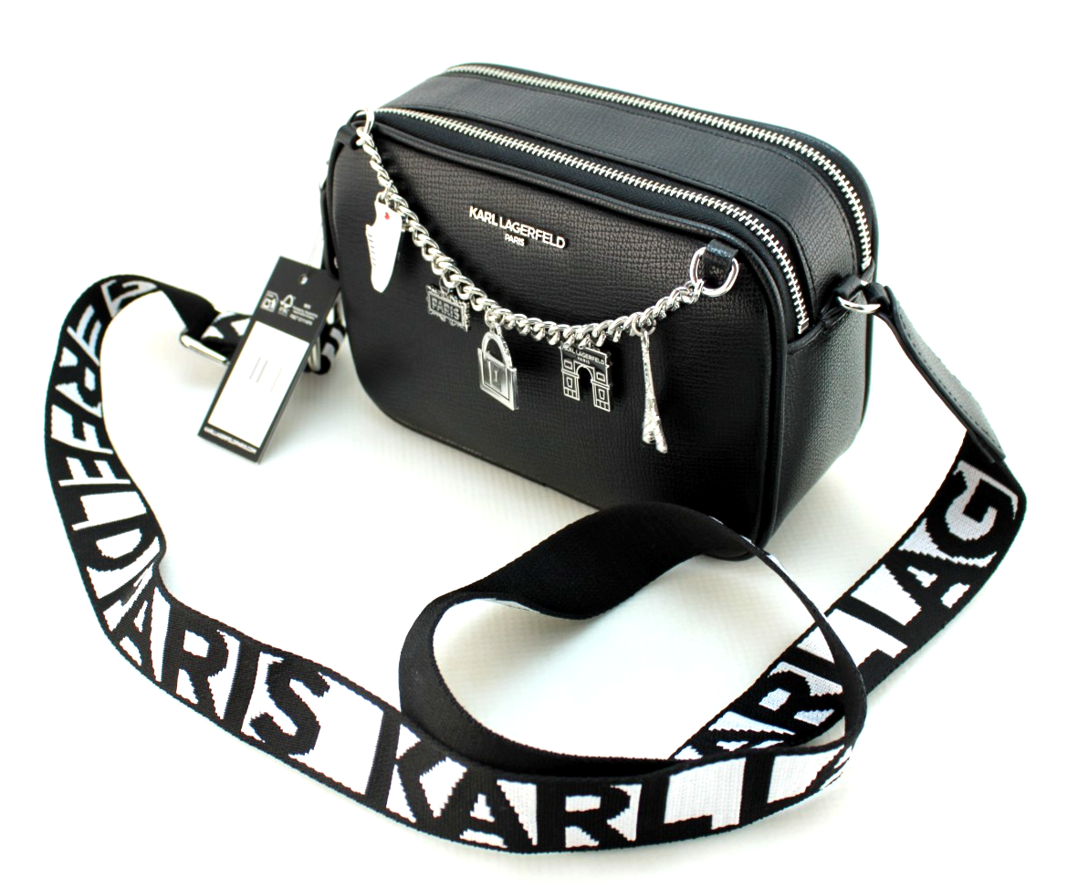 New KARL LAGERFELD PARIS Black /Silver Logo & Charms Crossbody