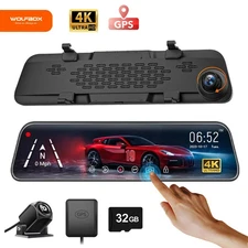 WOLFBOX G840S 12" 4K Touchscreen Rearview Mirror Dash Cam Backup Dual Camera GPS