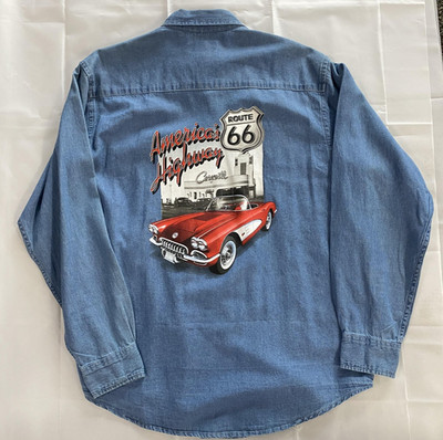 Classic Car Collection Shirt Mens Medium Denim Corvette Route 66 Long Sleeve