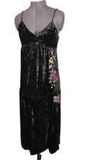 Vtg Y2K black velvet velour babydoll boho grunge slip midi dress XS S B32” 