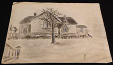 WWI Color Pencil Art Illustration Drawing 'Village Church West Front' Peterson 1