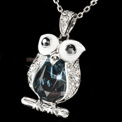 18k white rose gold gp made with SWAROVSKI crystal night owl pendant necklace 