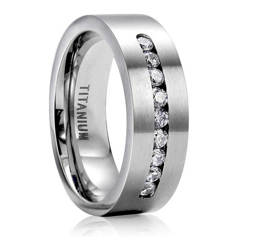 US SELLER SIZE 8 Fashion GEM CHIP Stainless Steel Titanium Wedding Band Ring - Image 2 of 2